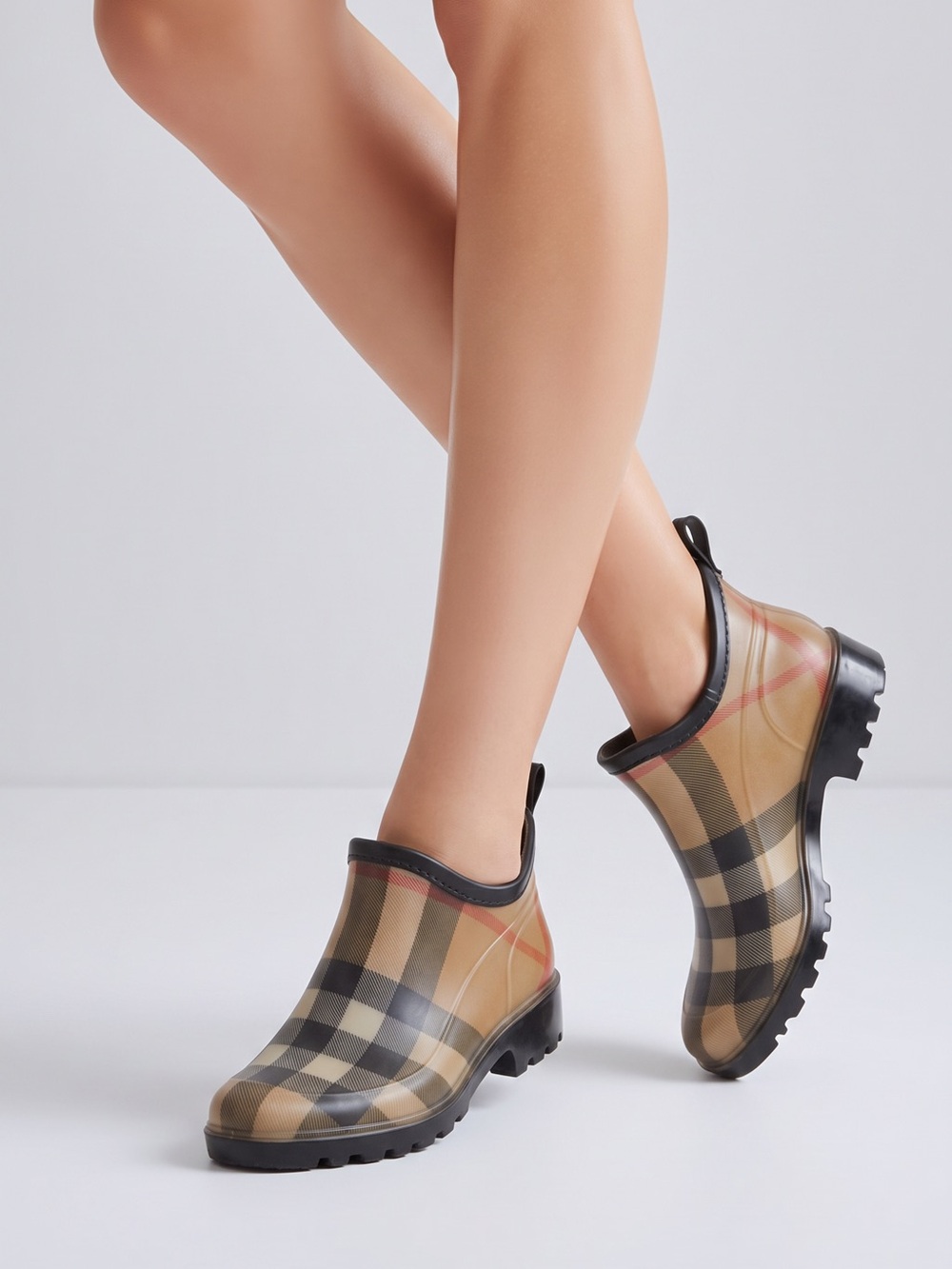Burberry Vintage Check Tan Black Rain Ankle Boots